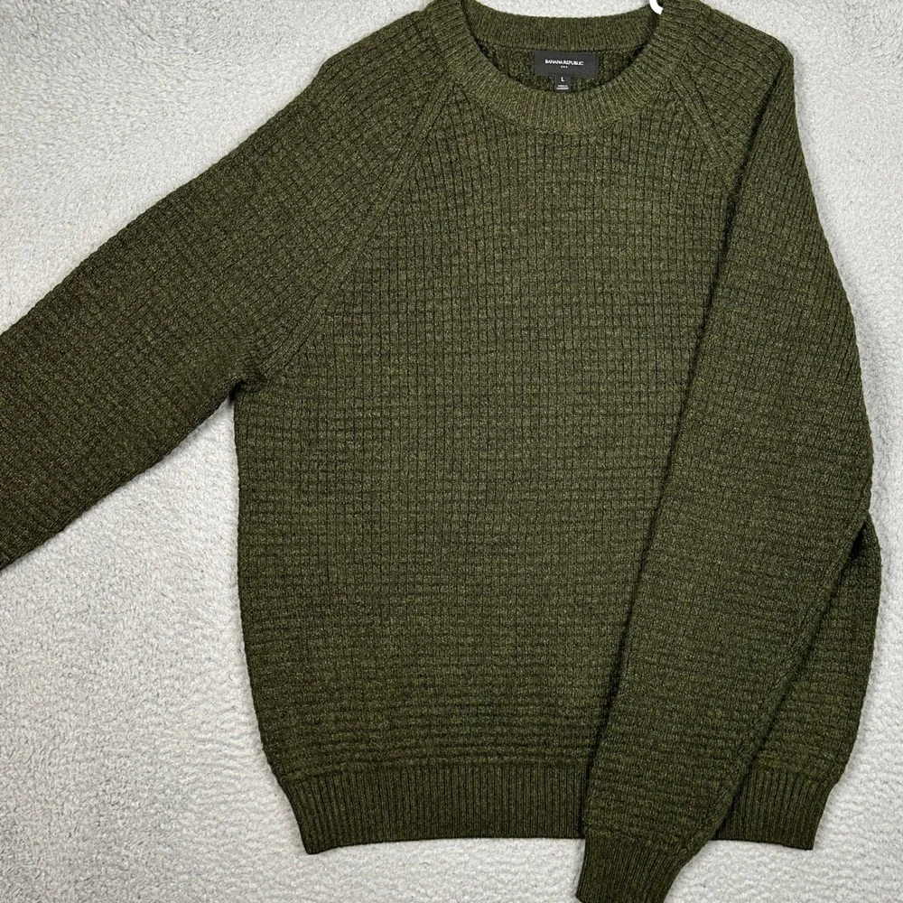Banana Republic Sweater Mens Large Waffle Knit Olive Green Crew Neck Pullover